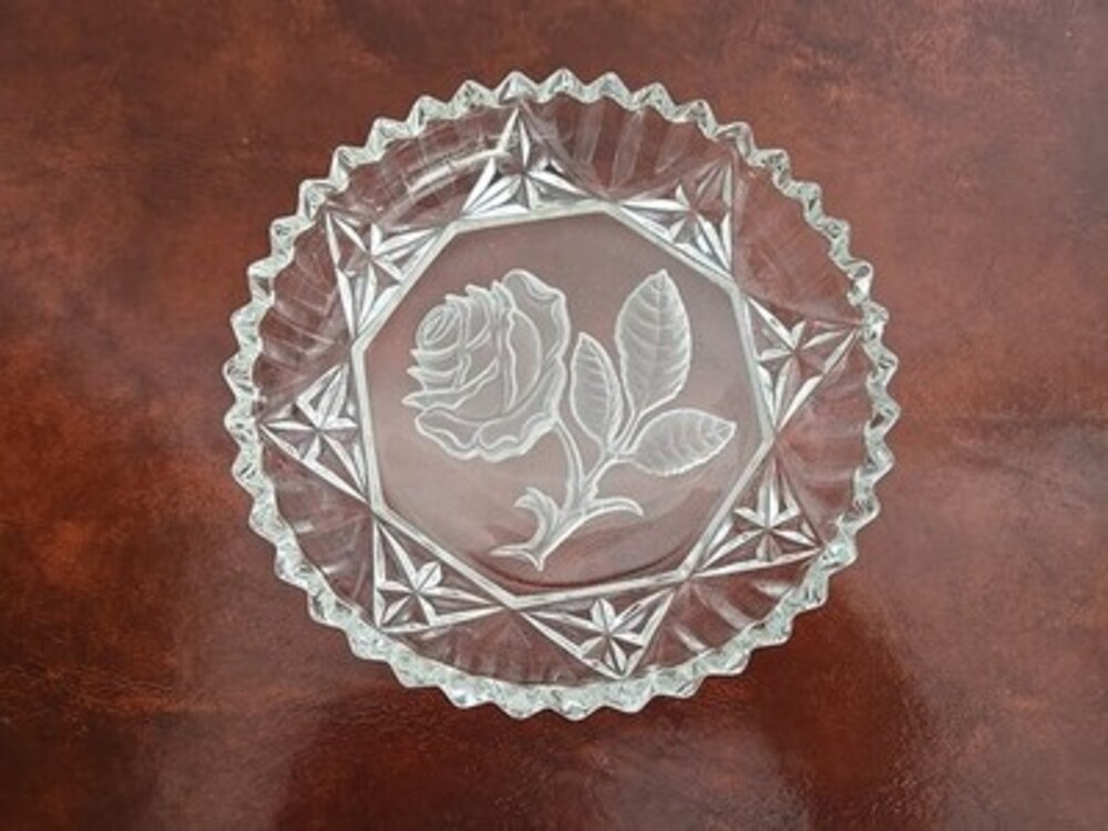 Vintage Crystal Candy Nut Mint Dish Sawtooth Bowl With Etched Rose 5”